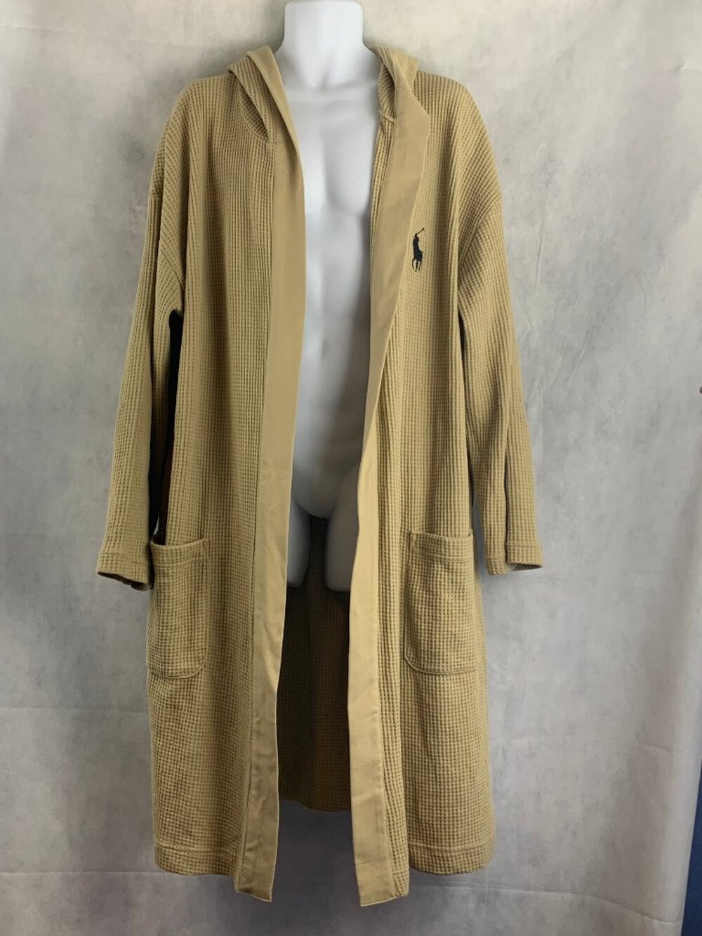 Polo Ralph Lauren Men's Thermal Waffle Knit Long Robe, Khaki, S/M Small / Medium